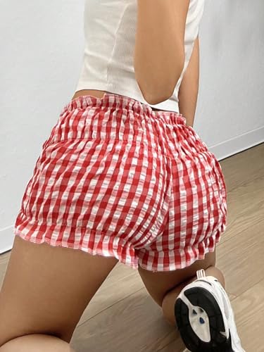 SHENHE Women's Y2K Gingham Ruffle Low-Rise Elastic Waist Summer Shorts